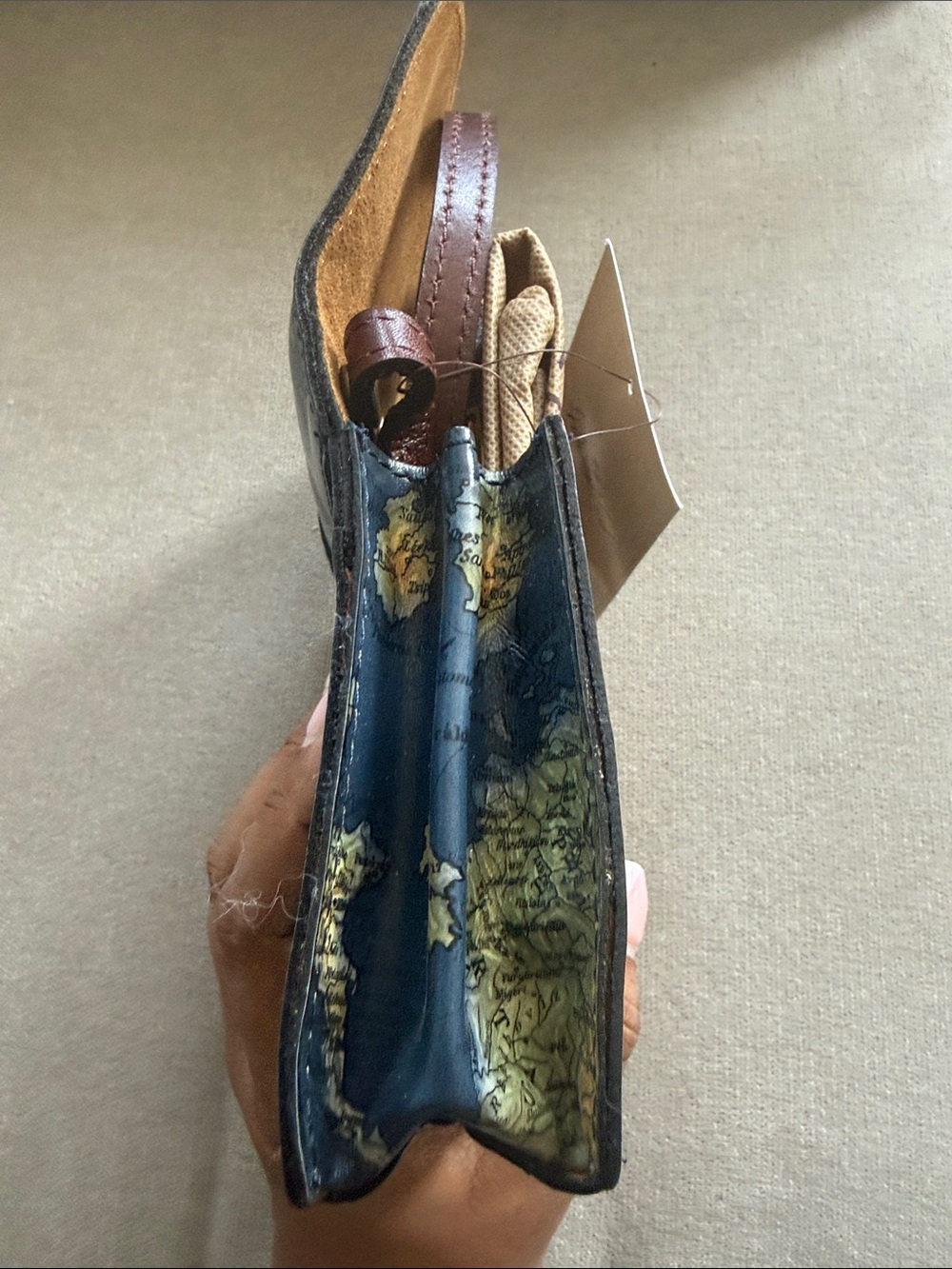 Patricia Nash Navy Map Print Leather Crossbody Wallet with Brown Strap - Picture 11 of 11